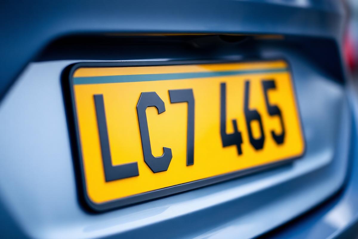 Close-up of a yellow UK registration number plate on the rear of a car